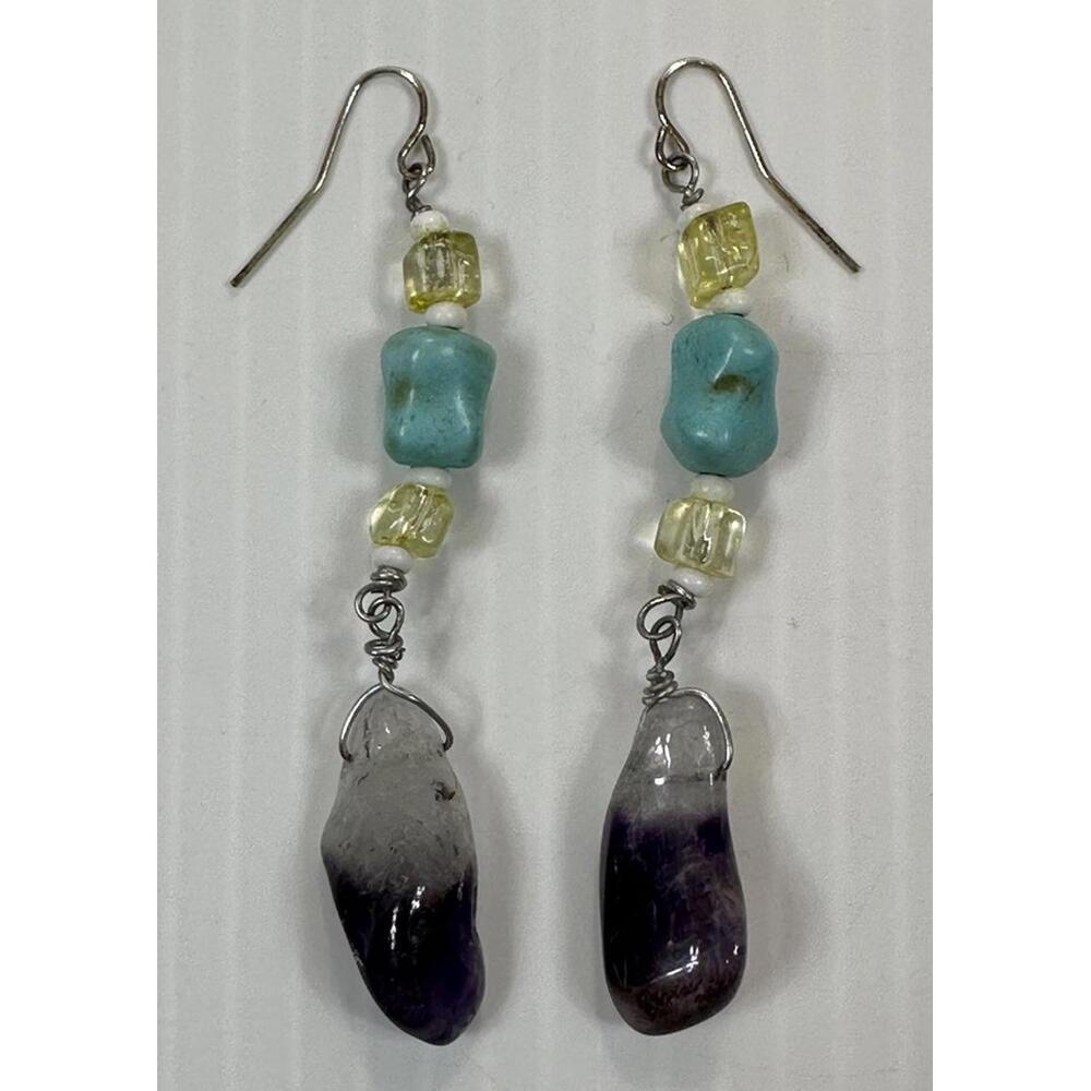Handcrafted Dangle Earrings Natural Stone Amethyst & Turquoise 3"